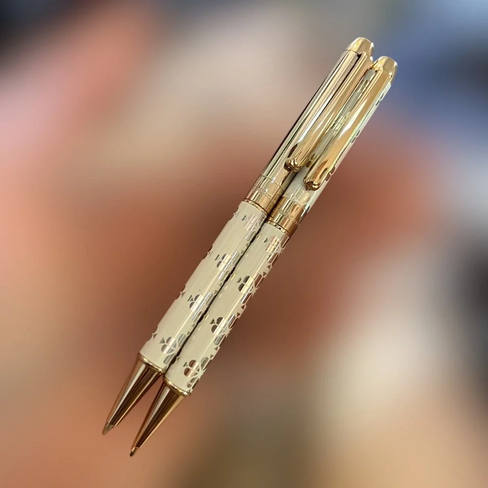 Kate Spade New York 2 Pen Pencil Set Writing White‎ Gold Spade Flower PRINT EUC
